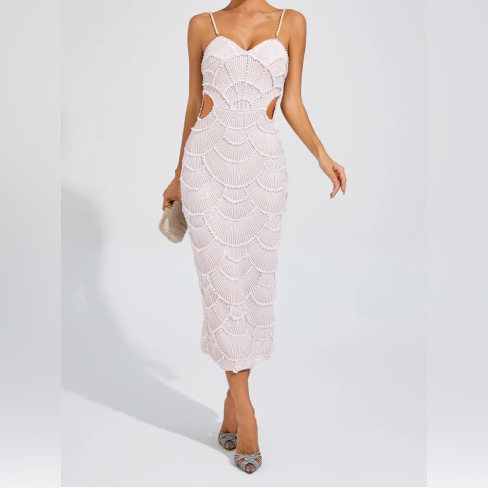 Beige Pearl Midi Slip Dress